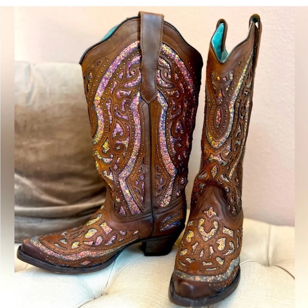 Corral Brown Studs Iridescent Glitter E1525 7.5 Buckle Exclusive Cowboy Boots